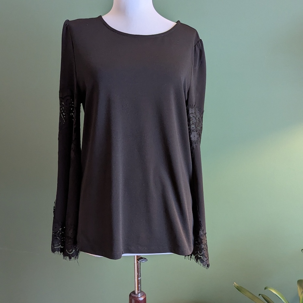 Adrianna Papell Womens Black Lace Long Flutter Sleeve Blouse